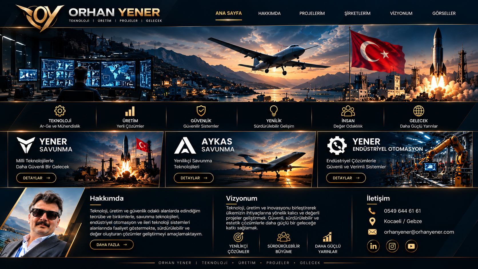 Orhan Yener kişisel portföy; Yener Savunma, Aykas Savunma ve Yener Endüstriyel Otomasyon projeleri, biyografi, vizyon ve iletişim bilgileri.